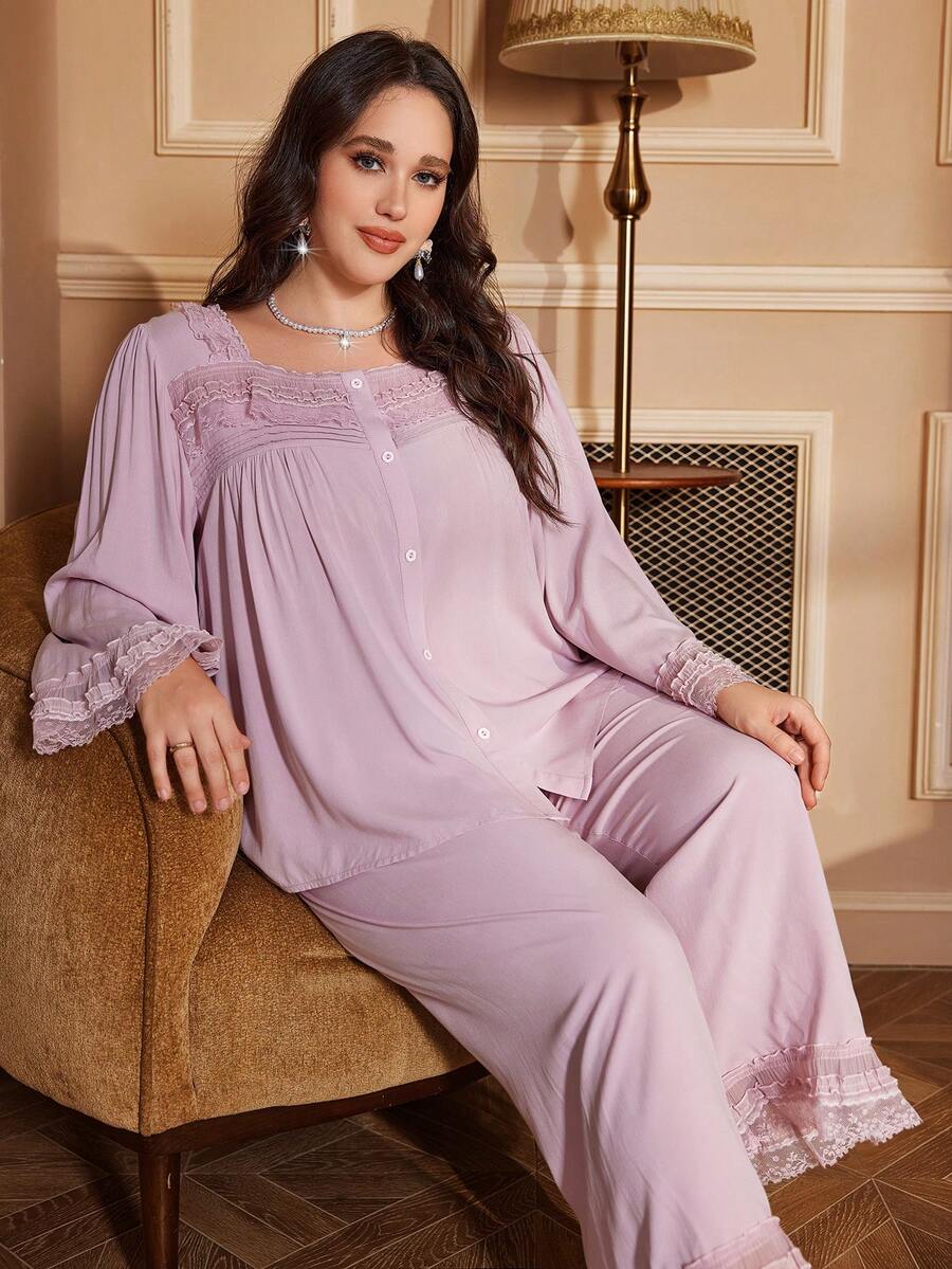 Plus Size Lace Trim Accordion Pleat Open Front Collared Long Sleeve Pajama Set - Dusty Pink - View 1