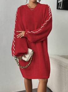 Chiquease Mock Necked Casual And Slouchy Women's Sweater Dress With Button Rope Design - Red - View 6