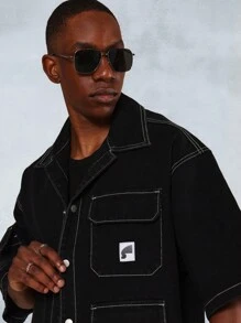 SUMWON Boxy Elbow Sleeve Contrast Stitch Cargo Denim Shirt - Black - View 4