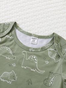 3pcs Baby Boys Outfit Set, Includes Dinosaur Print Romper, Flannel Jacket And Matching Pants, Comfortable, Practical And Fashionable For All Seasons