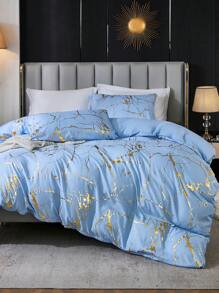 蓝色和金色床上用品套装 白金金属大理石羽绒被套 3 件套 铝箔印花闪光床上用品套装 带 2 个枕套 柔软超细纤维轻质透气棉被套 适合所有季节 1 个羽绒被套 2 个枕套 无棉被内芯