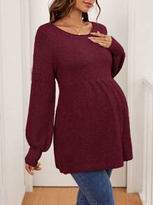 SHEIN Maternity Solid Color Round Neck Long Sleeve Pleated Casual Pullover, For Winter - Burgundy - View 4