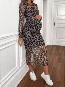 SHEIN Maternity Round Neck Long Sleeve Leopard Print Hollow Out Simple Long Casual Dress