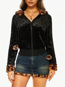 ROMWE Women Vintage Leopard Print Cat Ear Contrast Color Long Sleeve Sweatshirt - Black - View 3