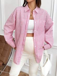 SHEIN Áo sơ mi dài tay in sọc cho bà bầu cài nút phía trước - Hồng - Xem 4