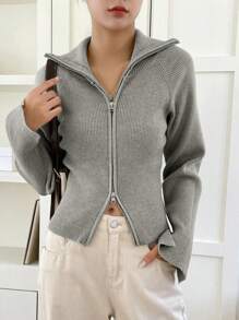 DAZY Cárdigan de mujer de negocios casual con cremallera y solapa de unicolor, ropa de otoño