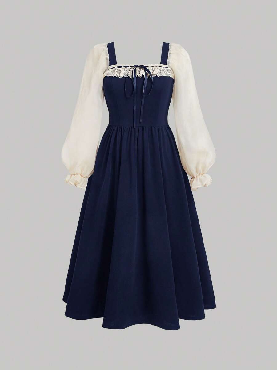 SHEIN MOD 大码泡泡袖复古宫廷风格拼色连衣裙 - 藏蓝色 - 查看 1