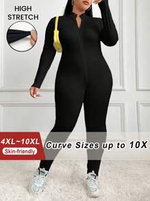 SHEIN CURVE+ Women's Plus Size Solid Color Zip Front Bodycon Jumpsuit, Autumn - Black - View 8