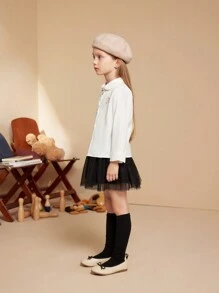 PrepCrw 年轻女孩卡通贴花前扣彼得潘领长袖衬衫 - 白色 - 查看 5