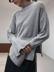 Ontre 女士复古优雅休闲 6% 羊毛圆领毛衣，喇叭袖口，侧开衩，灰色，适合秋季、新年， - 灰色 - 查看 1