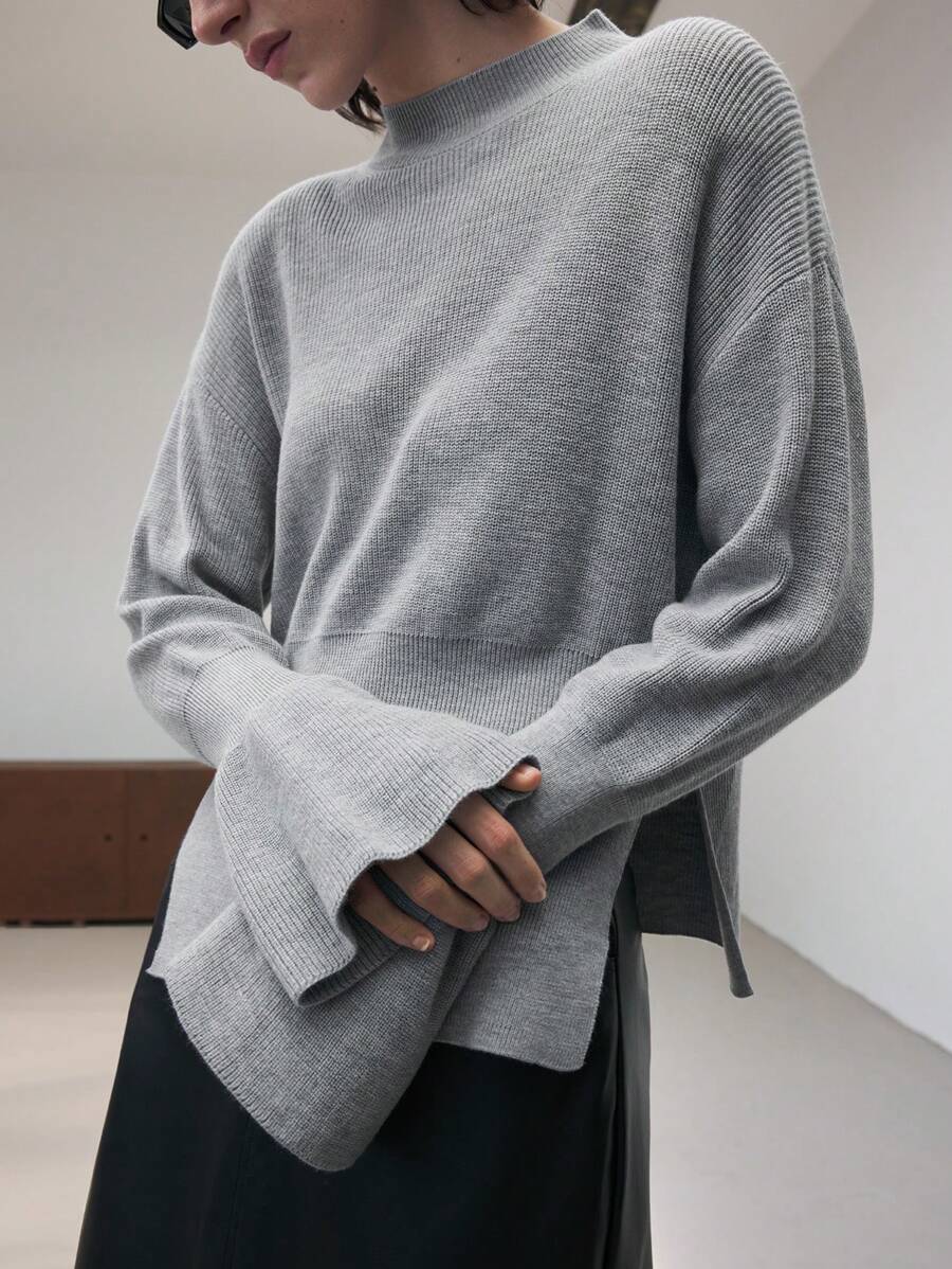 Ontre 女士复古优雅休闲 6% 羊毛圆领毛衣，喇叭袖口，侧开衩，灰色，适合秋季、新年， - 灰色 - 查看 1