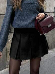 Chiquease 女士休闲百褶 A 字迷你裙，夏秋季百搭黑色紧身裤黑色连裤袜 - 黑色 - 查看 3