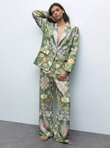 SHEIN X LOS FAVORITOS DE ANA GONZALEZ Maija Digital Print Green Single-Breasted Women's Pants, Suitable For Spring/Summer Vacation, Casual, St. Patrick's Day, Easter, Chinese New Year, Music Festivals