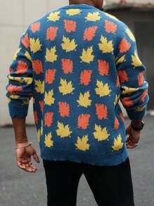 Manfinity Homme Plus Size Men's Fall Casual Loose Fit Maple Leaf Pattern Drop Shoulder Sweater