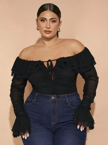 SHEIN BAE Plus Size Fall Elegant Going Out Sexy Party Woman Black Mesh Strapless Off Shoulder Ruffle Tube Top Sexy Front Center Tie Ruffle Cuffs Gathered Bodysuit Sweet Bodysuit Party Bodysuit Wedding Guest Bodysuit Halloween Outfit Christmas Outfit Birthday Party Outfit