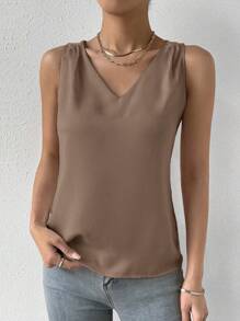 RosyDaze Simple V-Neck Elegant Casual Shiny Fabric Tank Top, Summer