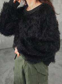 FRIFUL Women's Fashionable Loose Fuzzy Fabric Sweatshirt, Autumn/Winter - Black - View 5