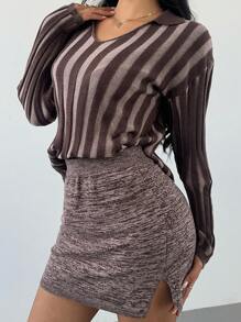 SHEIN SXY Autumn And Winter Clothing Brown Gradient Sweater Two-Piece Suit - Grey - View 6