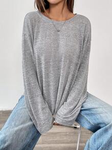 SHEIN EZwear 女款休閒純色針織露背綁帶長袖寬鬆上衣 - 灰色 - 查看 3