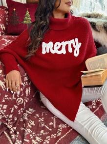 Calvaya 大码字母印花不对称下摆高领长袖毛衣