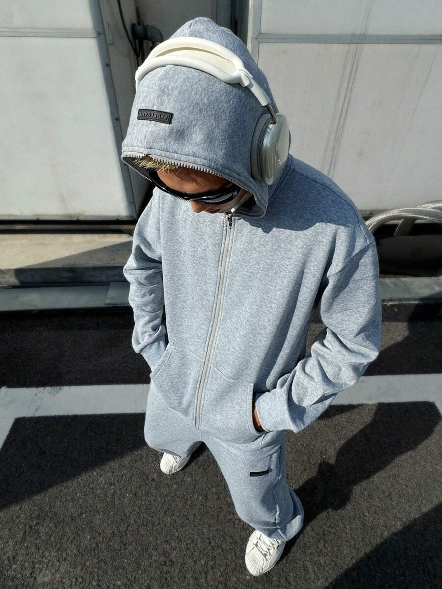 Manfinity VCAY 2 Stück Herren Y2K Kleidung, lustiger Basic Lässig Oversized High Street Vintage Stil grauer Kapuzenpullover & Jogginghose Sport Co-Ords Halloween Kleidung Halloween Ins Stil saubere Passform dick, für Herbst Winter - Grau - Übersicht 1