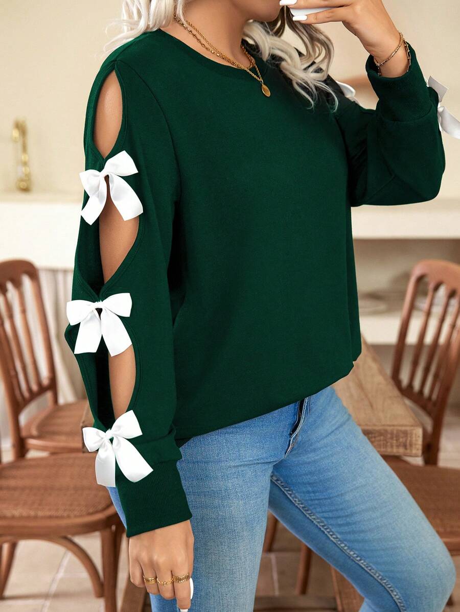 SHEIN Clasi Christmas Plus Size Women's Casual Round Neck Bow Decor Long Sleeve Sweatshirt, Autumn/Winter Pullover Fall - Green - View 1