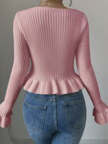 SHEIN Unity Cárdigan de manga larga con volante y abertura delantera con nudo, en colores contrastados, para otoño e invierno - Rosa - Ver 2