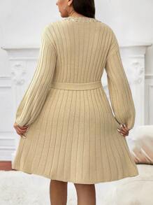 SHEIN Clasi Đầm len dài tay cổ tròn thả vai đính đá sang trọng cỡ lớn cho nữ, mùa thu/đông - Màu be - Xem 2