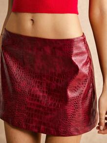 Poéselle Women's Fall Sexy Vintage Leather Red Low Waist Mini Skirt