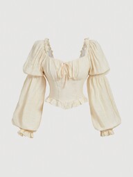 SHEIN MOD Blusa de unicolor con mangas abollonadas y volantes, blusas de manga larga