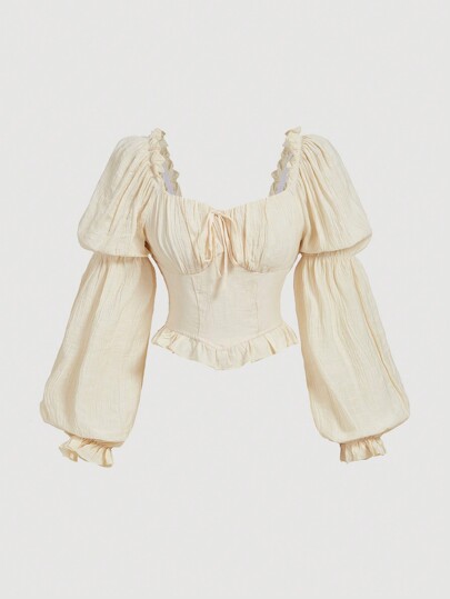 SHEIN MOD Blusa de unicolor con mangas abollonadas y volantes, blusas de manga larga