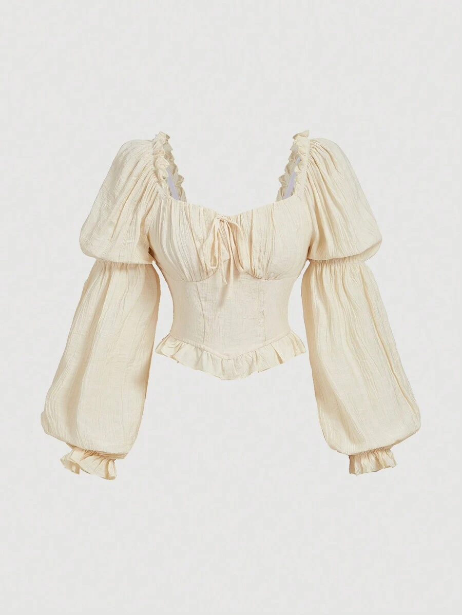 SHEIN MOD Women Solid Color Ruffle Puff Sleeve Blouse,Long Sleeve Tops