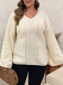 EMERY ROSE Plus Size Women's White Boho Everyday Autumn Casual Loose Cable Knit Trumpet Drop Shoulder Sleeve Warm Pullover Sweater,Western Clothes - Apricot - View 5