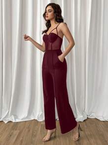 Aloruh Solid Color Mesh Contrast Hollow Out Sling Jumpsuit,Burgundy Nightclub Knitted Jumpsuit,Suitable For Daily Commutes And Summer Dates - Burgundy - View 3