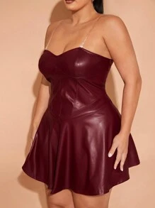 SHEIN BAE 大码女式纯色 PU 皮革荷叶边下摆露肩连衣裙，适合新年、圣诞节、生日派对场合 - 酒紅色 - 查看 3