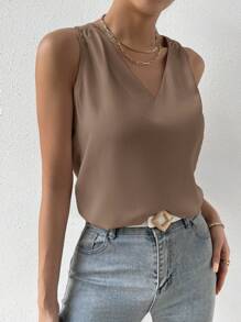 RosyDaze Simple V-Neck Elegant Casual Shiny Fabric Tank Top, Summer