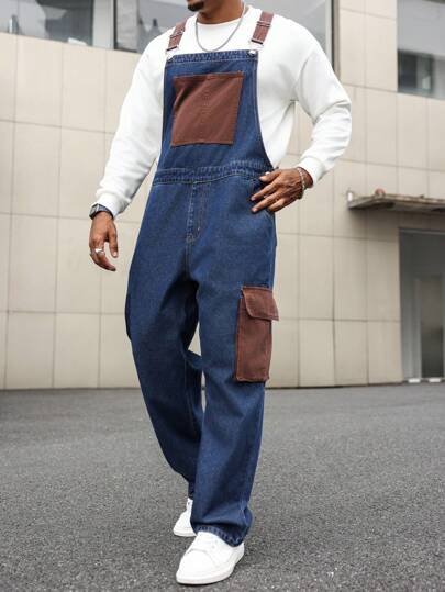 Manfinity Homme سترة جينز قياس كبير للرجال بطراز قديم مغسول باللون الأزرق الكحلي