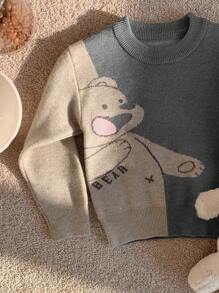 SHEIN 男婴可爱卡通熊图案圆领长袖毛衣，秋冬季休闲装 - 黑色 - 查看 7
