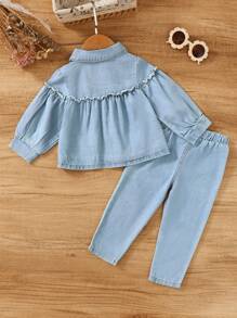 Bộ 2 áo sơ mi denim xanh nhạt giản dị cho bé gái kết hợp với áo cánh dài tay rộng rãi thêu nơ và quần ống rộng thêu bướm denim xanh nhạt, Bộ thời trang đa năng, Hàng mới về mùa thu/đông 2024 - Màu xanh lam - Xem 2