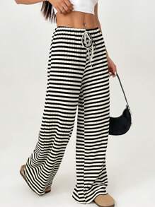 SHEIN PETITE Calça Casual Feminina Listrada com Amarração na Frente