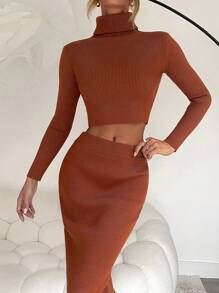 SHEIN Unity Suéter de cuello alto y hombros rectos de manga larga con cintura elástica y falda con abertura frontal para mujer - Óxido marrón - Ver 5