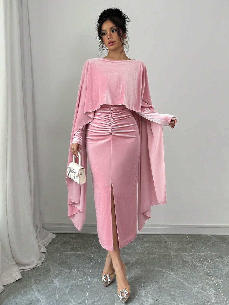 Chiquease 1 件女士优雅纯色天鹅绒垂坠连体连衣裙，秋季 - 淺粉色 - 查看 1