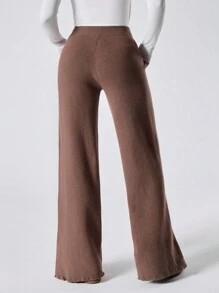 LYSMO Women's Solid Color Front Tie Minimalist Casual Long Pants - Coffee Brown - View 2