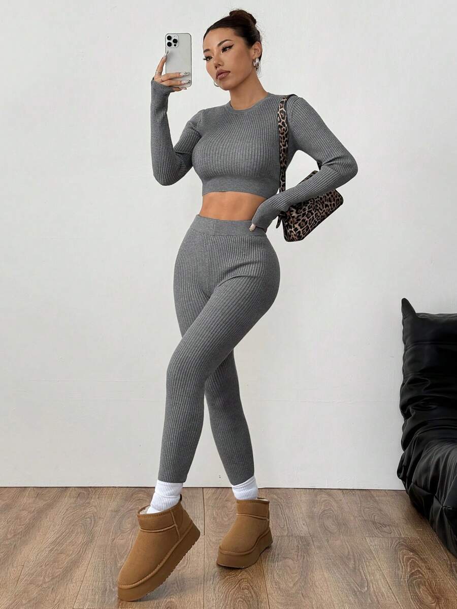 Flirla 2pcs Women Solid Color Crew Neck Long Sleeve Cropped Fitted Sweater And Long Pants Casual Set, Autumn/Winter - Grey - View 1