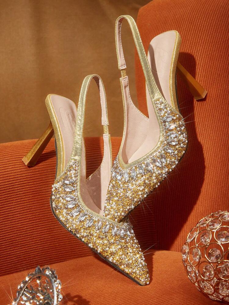 CUCCOO TILAWA Women's Elegant Pointed Toe High Heel Sandals With Rhinestones, Gold Colored, Suitable For Wedding For Vibe And Spring Shoes Spring Break Easter Prom Heels For Christmas