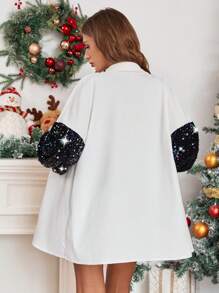 SHEIN Essnce Christmas Sequined Patchwork Shirt Jacket, White Top For Women, Sequined Jacket, Party Wear Loose Casual Shirt, Long-Sleeved Shirt, Christmas Shirt, Autumn Clothing