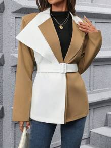 SHEIN Clasi Women's Asymmetric Asymmetrical Color Block Long Sleeve Casual Trench Coat - Multicolor - View 2