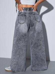 SHEIN ICON 大码女式口袋装饰宽腿宽松休闲男友风牛仔裤 - 深灰色 - 查看 2