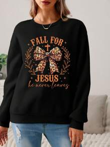 SHEIN LUNE Casual "FALL FOR JESUS" Leopard Print Bow Graphic Round Neck Long Sleeve Loose Fit Thick Hoodie Sweatshirt For Women, Suitable For Spring, Autumn & Winter
