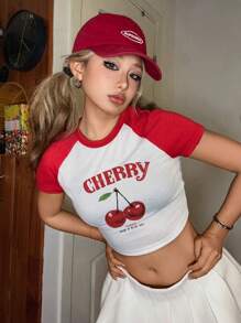 SHEIN EZwear Casual Minimalist Cherry Graphic Round Neck Short Sleeve Cropped Tight Fit T-Shirt For Women,Slightly Sheer Summer Back To School